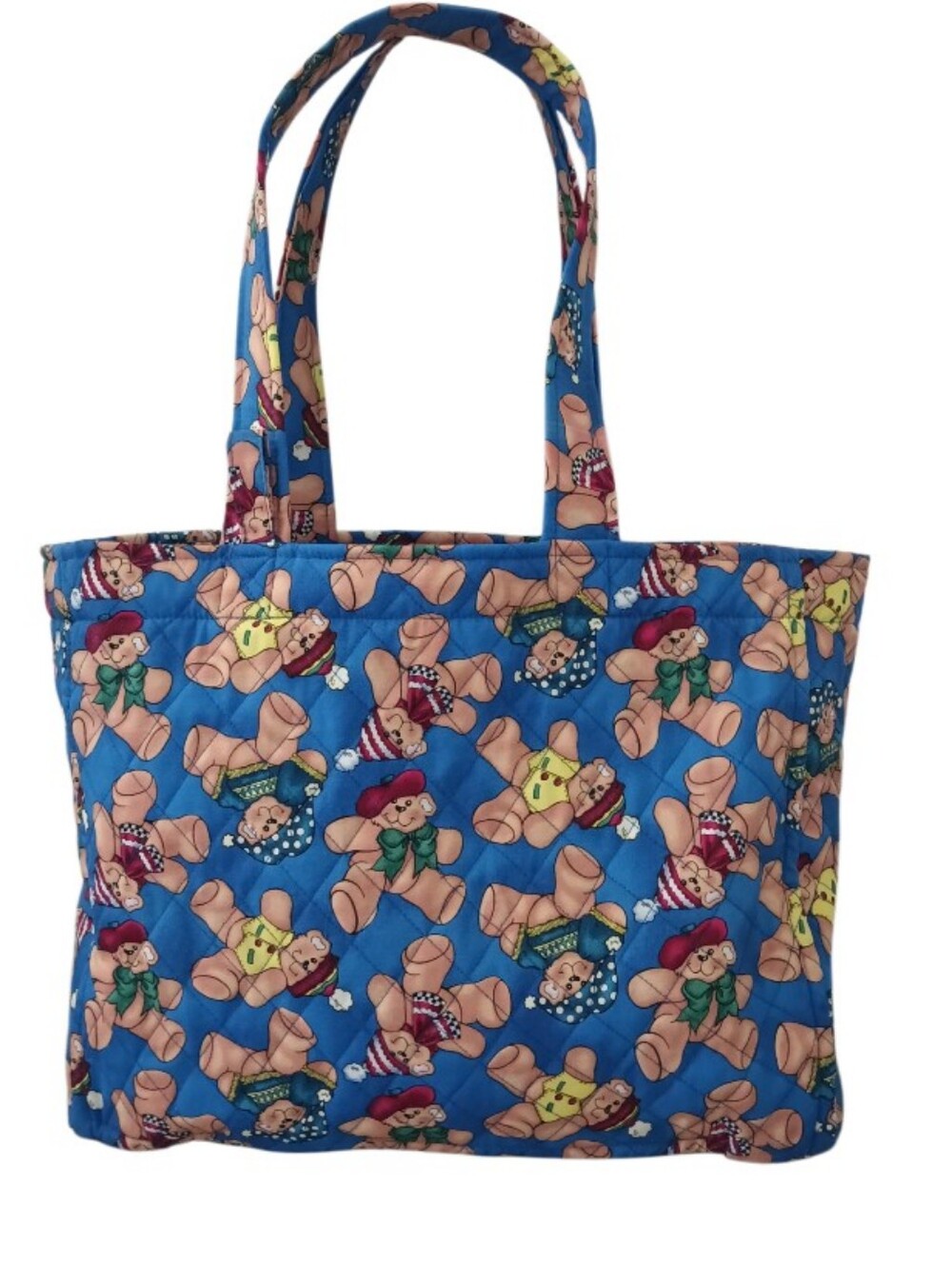 Blue Quilted Teddy Print Christmas Holiday Tote Bag Handmade